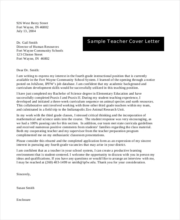 37600 teacher cover letter experience