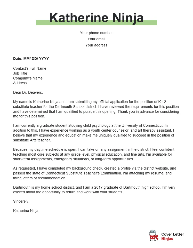 37727 substitute teaching cover letter experience