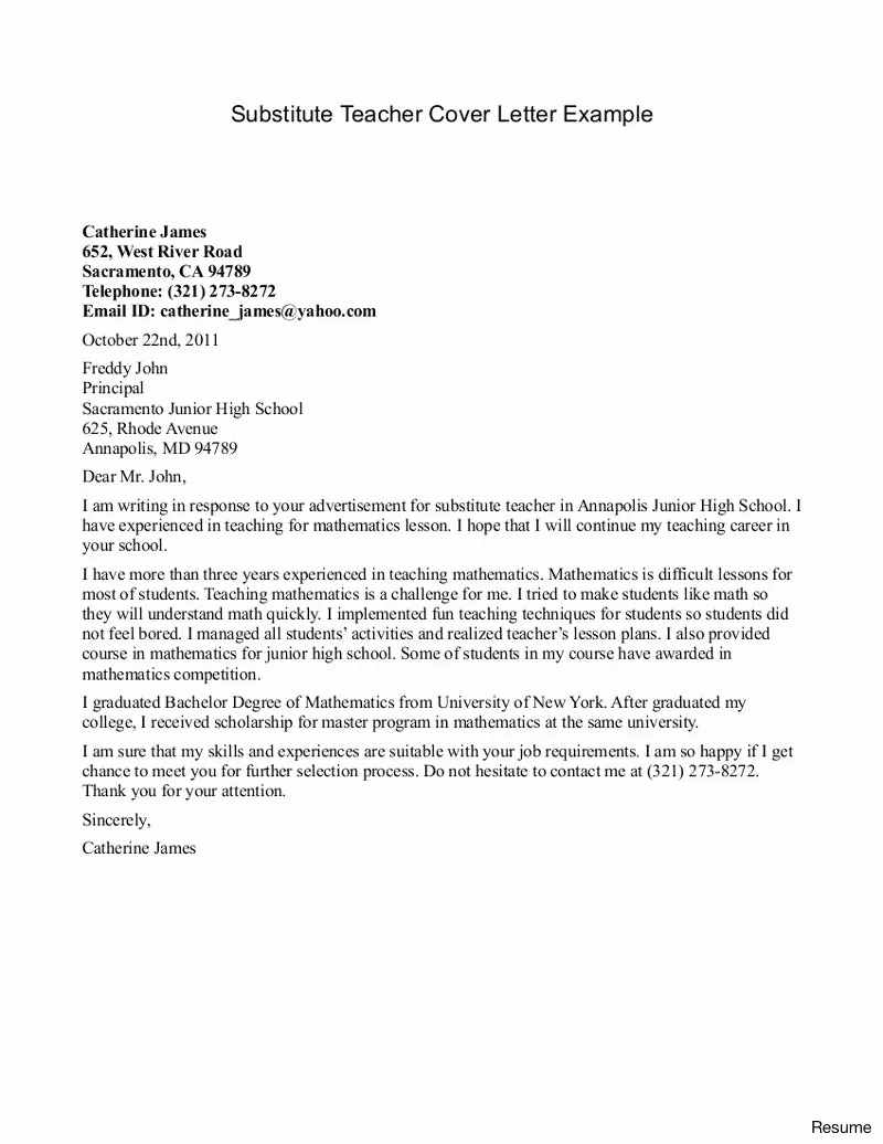 37727 substitute teaching cover letter qualifications