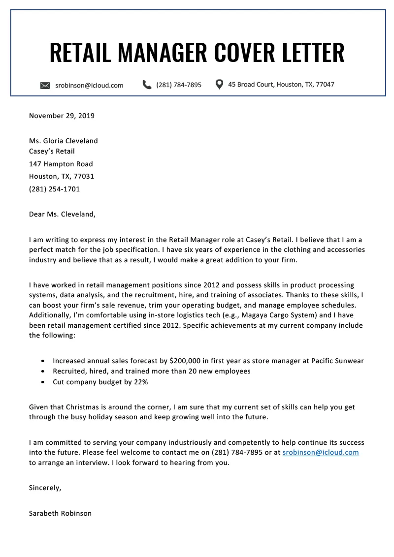 37764 retail manager cover letter writing